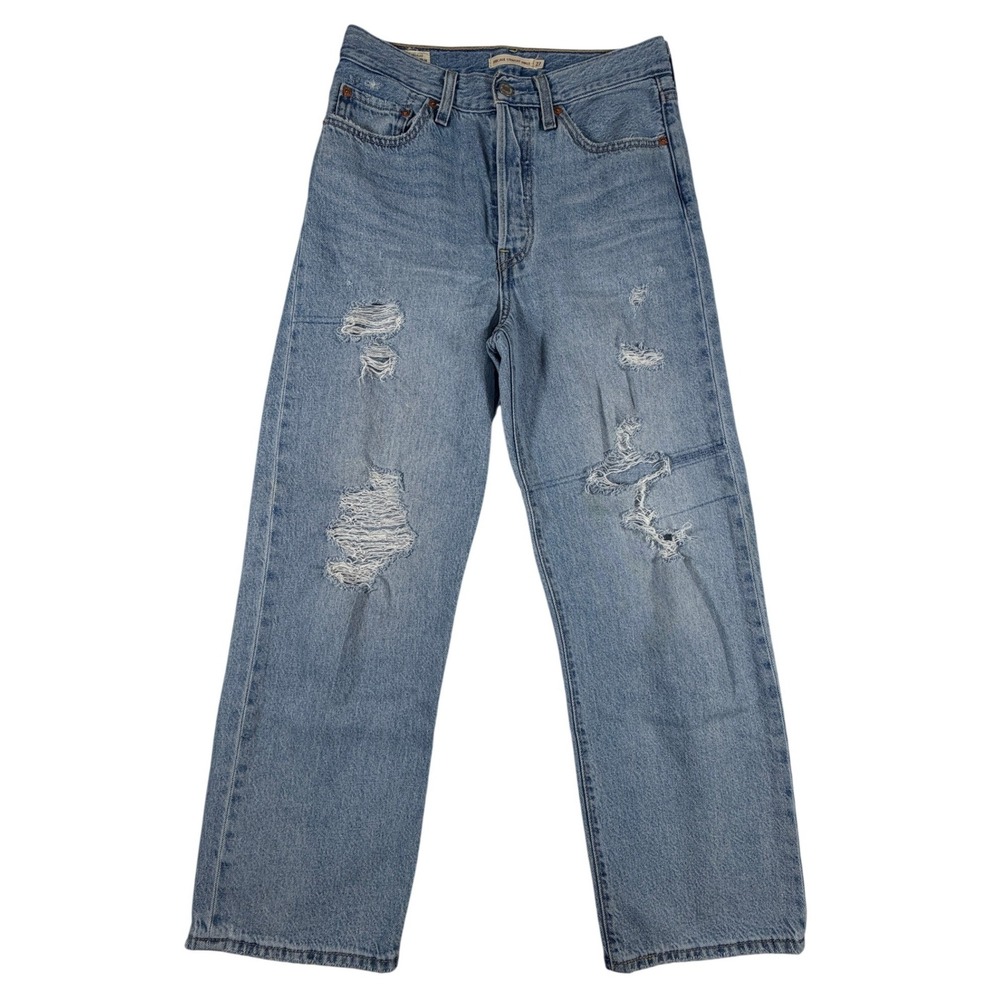 Levis Premium Ribcage Straight Ankle Jeans Womens 27 Light Wash Distressed Big E
